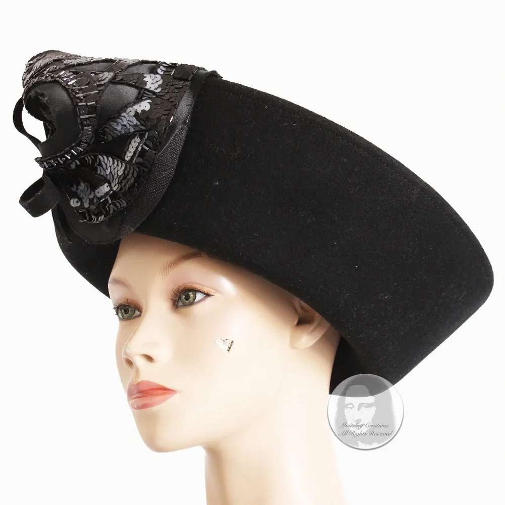 Mr. John Hat Breton Black Wool Felt Embellished Sequins Bow Formal Vintage 60s